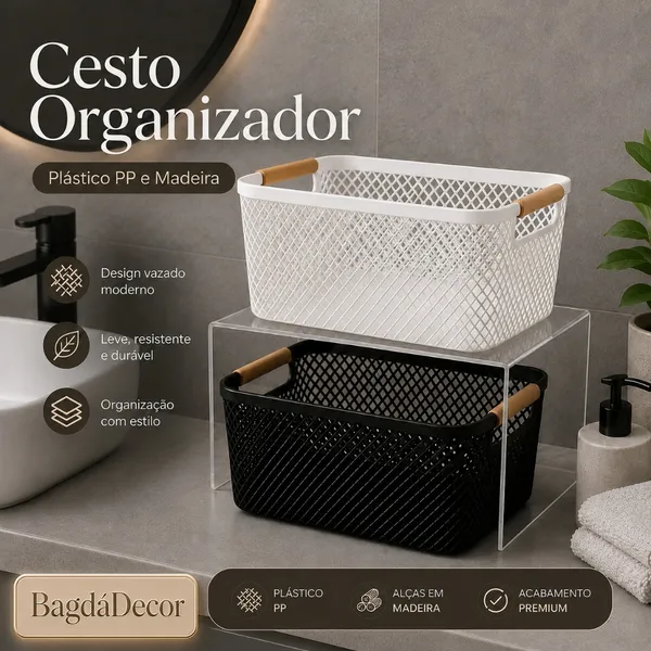 Cesto Organizador de Plástico com Alça de Bambu – Preto ou Branco, Tamanhos M e G Cozinha Banheiro