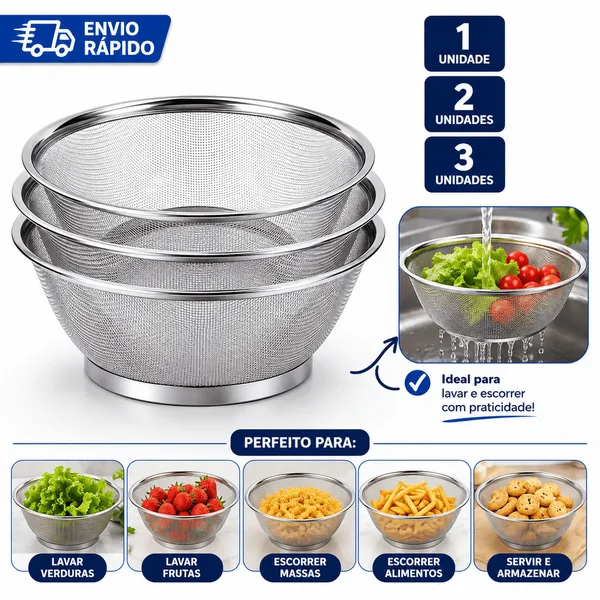 Cesto Escorredor Inox 25cm para Lavar Alimentos – 1, 2 ou 3 Unidades
