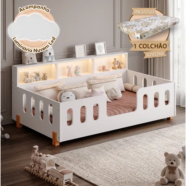 Cama Infantil Montessoriana com Colchão Juvenil Led e Nicho Nina Branca + Luminária Led