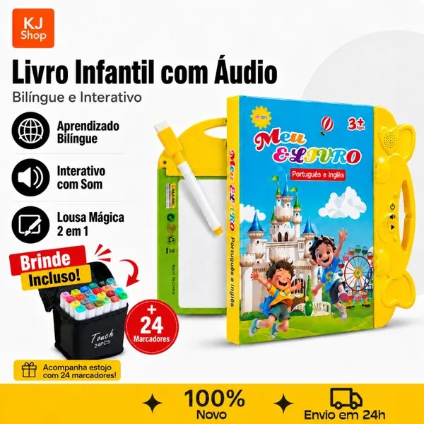 Livro Educativo Bilíngue Interativo Com Som e Lousa Mágica 2 em 1 Brinquedo Infantil