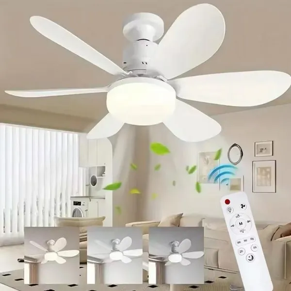 Ventilador de Teto Lustre LED E27 Silencioso com Controle Remoto 3/6 Mini Helices Integradas Bivolt