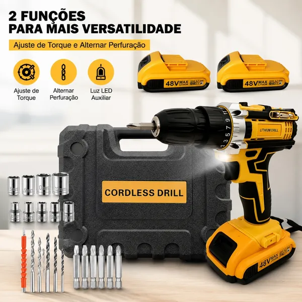 Parafusadeira Furadeira 48V Íon-Lítio Sem Fio, 2 Baterias, Maleta Resistente e Kit Completo de Acessórios