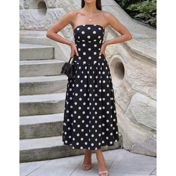 Vestido Feminino Longo Sem Manga Estampa Bolinha Poa Soltinho Elegante