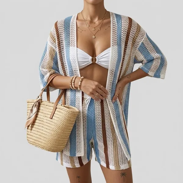 Conjunto 2 peças Saída de Praia Boho Chic Feminino Chamise Shorts Tricot Chique