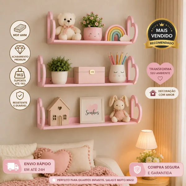 Kit 3 Prateleiras Alças Corações Decoração Quarto Infantil