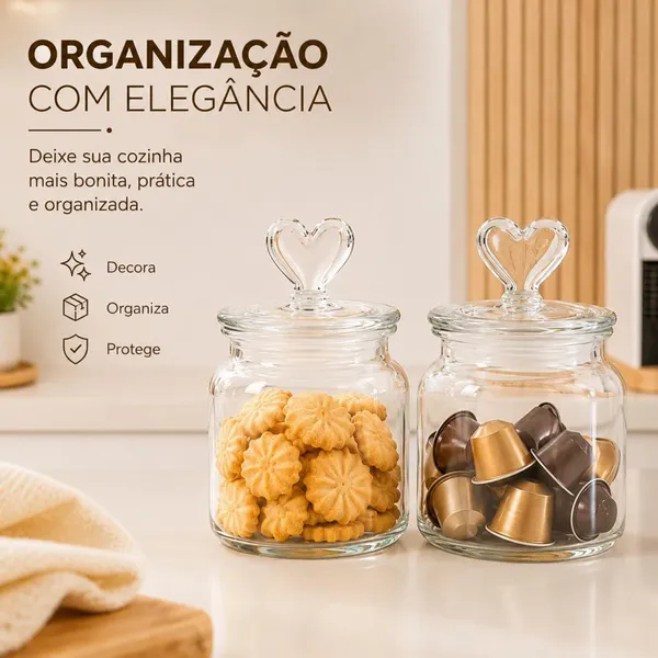 Kit 2 Potes De Vidro Com Tampa Coração 650ml Hermético Porta Mantimento Doces Biscoito Café