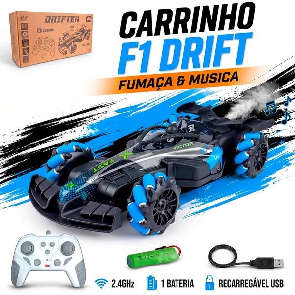 Carrinho Controle Remoto Drift Formula 1 Bateria Recarregável Solta Fumaça Som Brinquedo Infantil