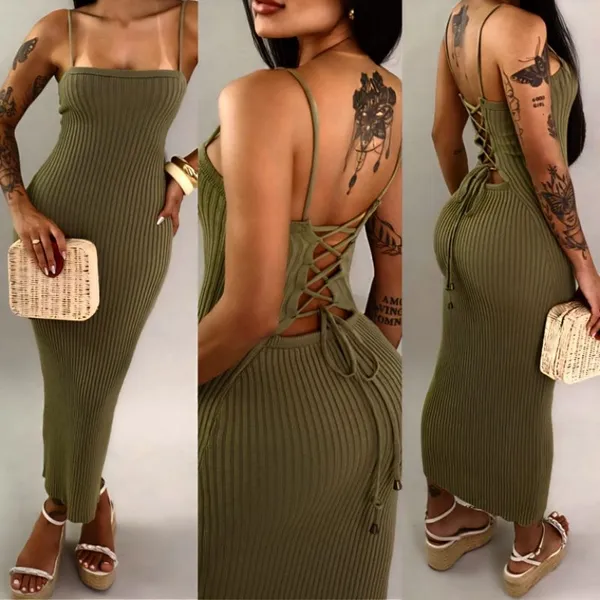 Vestido Tricot Modal Midi Trançado nas costas Tricô alta qualidade Verão 2027 Carnaval Praia Festa