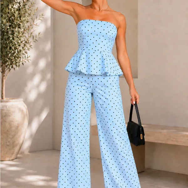 Conjunto Feminino Tomara que Caia com Peplum e Calça Pantalona  Bolinha Poa Trabalho Moderno REF: Leona Bolinha
