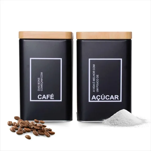 Kit 2 Latas Em Metal Para Cafe E Acucar Com Tampa Em Metal