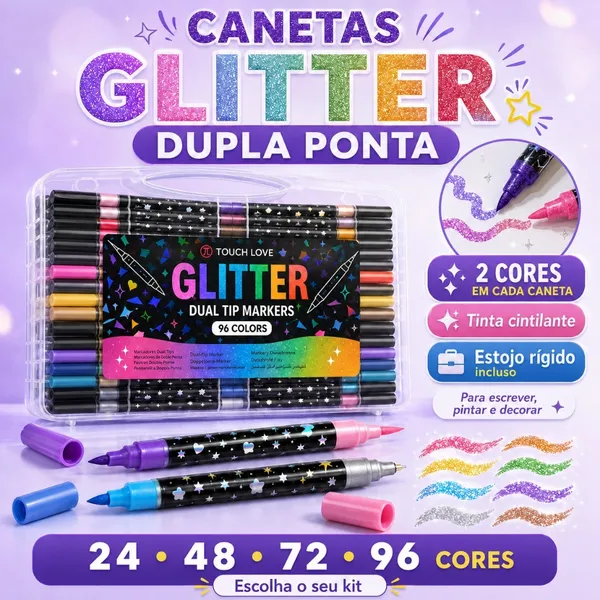 Kit Canetas Glitter Dupla Ponta 24 a 96 Cores com Estojo Rígido para Desenho Lettering e Pintura
