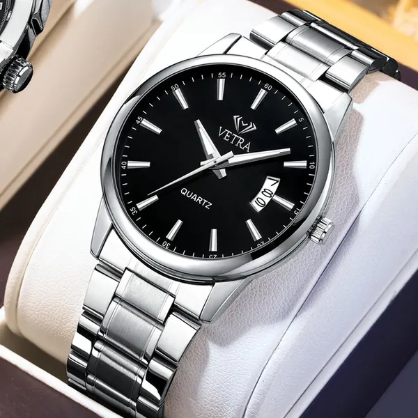 VETRA Relógio Masculino Original Relogio Luxo a Prova d Água Presente para Homem Aço Inoxidável Preto Prata 6115