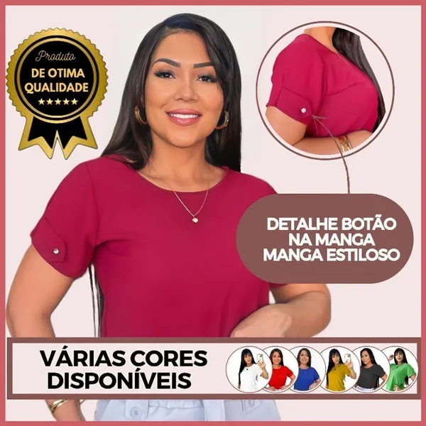 Promoção Blusa Feminina Estilosa Tendência Duna Manga Curta Botão na Manga Não Amassa, Fresca, Confortável