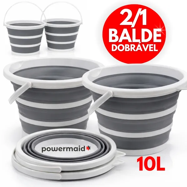 Balde Dobrável 10 Litros Retrátil Silicone Powermaid Resistênte Com Alça e Gancho