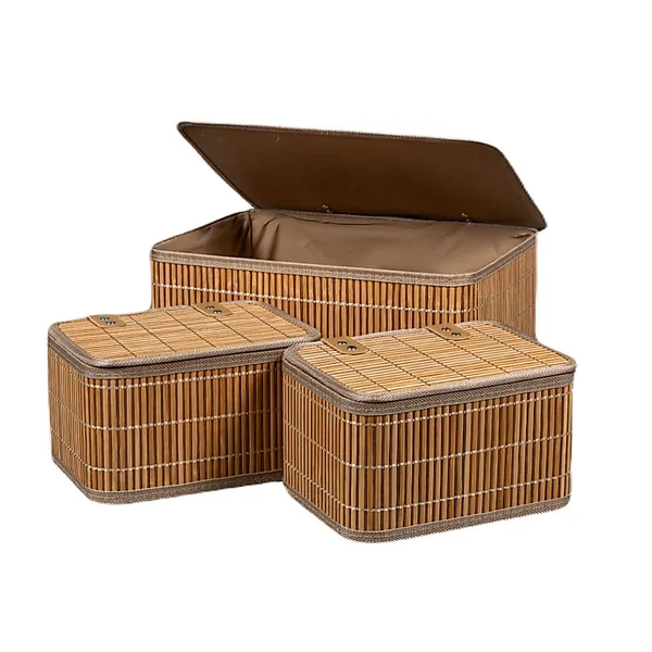 Conjunto 3 Caixa Cesto Organizador Retangular Bambu Tampa 23 36cm Marrom Decoração Casa Premium