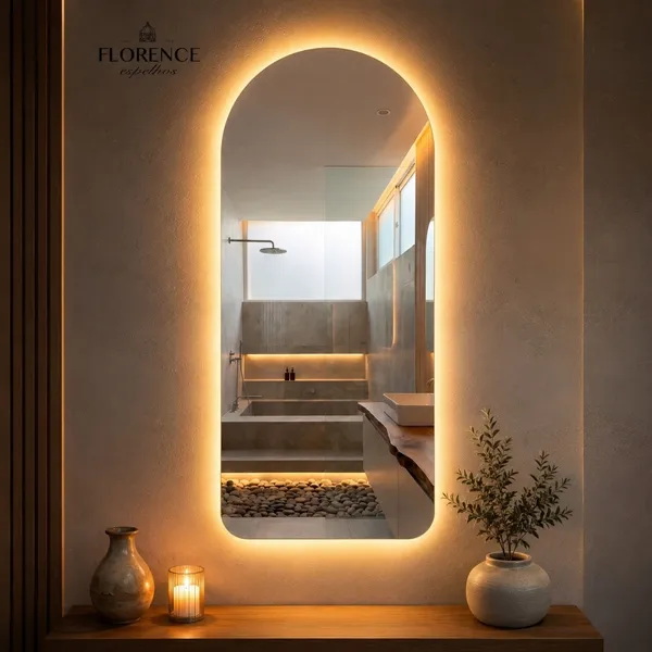 Espelho Verona Oval Base Reta Corpo Inteiro Com Led Premium 120x50 Sala Quarto