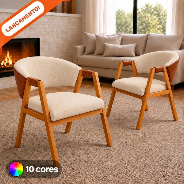 Kit 2 Poltronas Hellen Suellen Decorativa Para Sala Linho Courino Pés de Madeira Aninha Poltronas