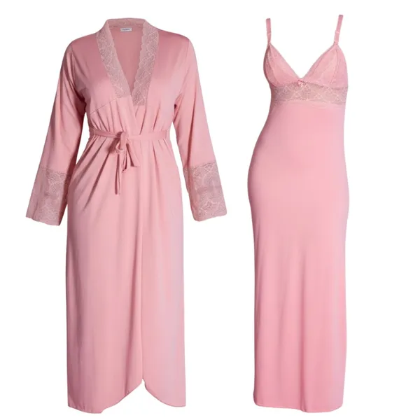 Kit Robe Roupão e Camisola Amamentação Longos Pós Parto Gestante Maternidade Liso Renda