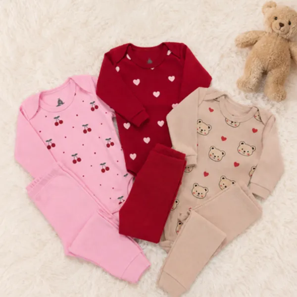 Kit 6 Peças Conjunto Bebê Menina (3 Body Manga Longa + 3 Calça) 100% Algodão RN ao GG Estampado