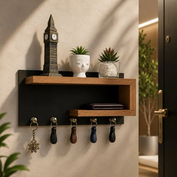 Porta Chaves de Parede Organizador com Prateleira MDF 5 Ganchos 25x13 cm