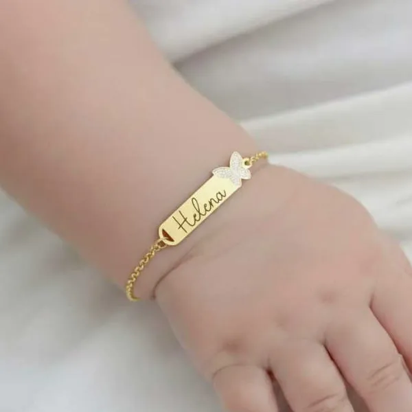 Pulseira Infantil com Nome Personalizada Bebê RN Banhada a Ouro 18k Antialérgica