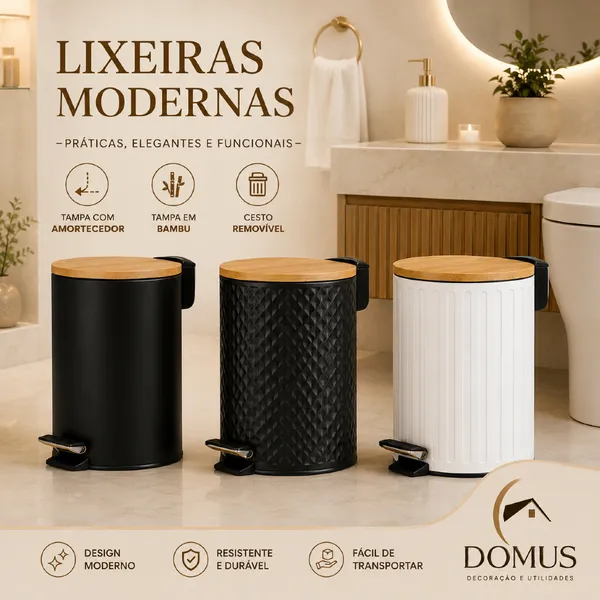Lixeira Premium 5 Litros Com Tampa Bambu e Pedal Para Casa Banheiro Cozinha em Metal Decorativa
