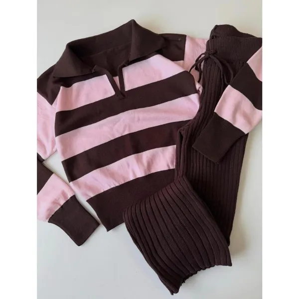 Blusa feminina Cassia Gola Polo Tricôt Modal + Calça Canelada no Tricôt modal Premium