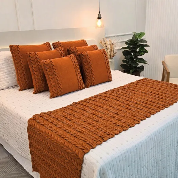 Kit  Peseira Manta Tricot Sofá Cama Casal Queen King Aconchego Home Decor + 2 Capas Almofadas