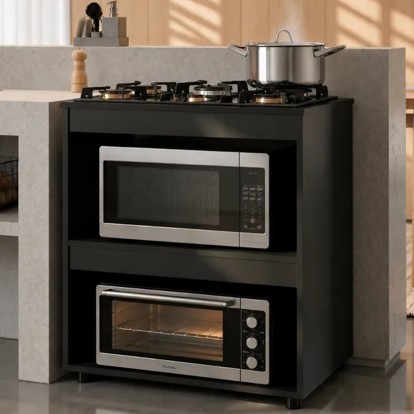 Balcão p/ Cooktop 4 ou 5 Bocas Cozinha Moderna Madeira Armário 2 Nichos Organizador Tampo Blue Moby