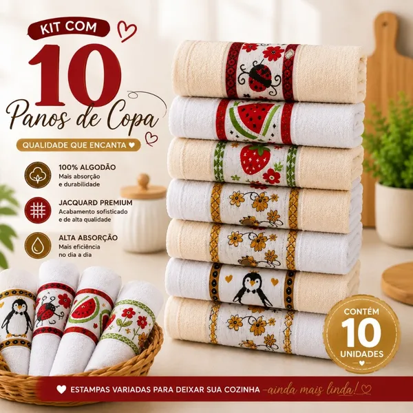 Kit Panos de Copa Jacquard 100% Algodão 45x75cm Atoalhado Premium Pano de Prato Cozinha