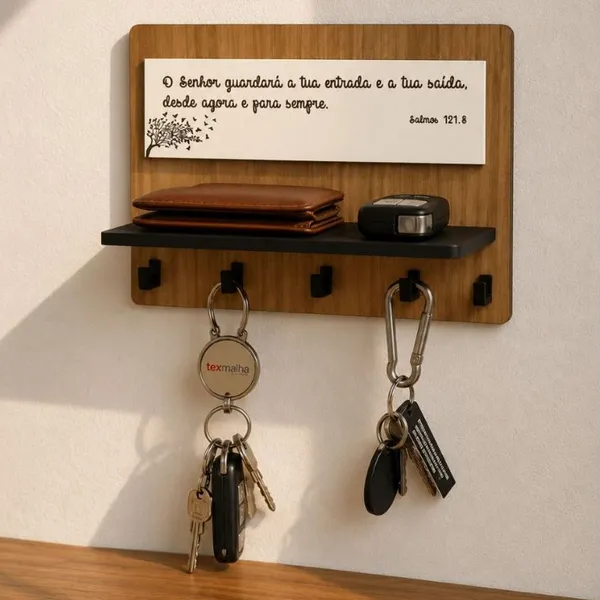 Porta Chaves Decorativo Com Prateleiras Para Oculos Carteira Cartas Contas  Mensagem Bíblica