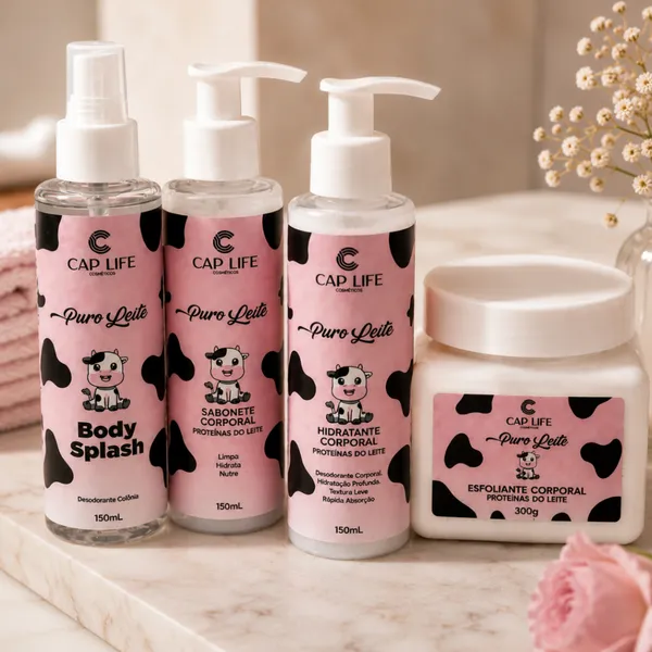 Kit Puro Leite Completo Cap Life – Body Splash, Hidratante, Sabonete e Esfoliante Corporal