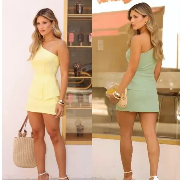 CONJUNTO ALFAIATARIA FEMININO UM OMBRO SO ELEGANTE BLUSA ASIMETRICA + SHORT SAIA