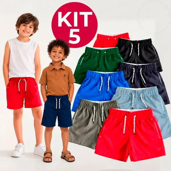 Kit 5 Short Bermuda Infantil Juvenil Tactel Menino Praia Com Bolso Elastano Premium 2 a 16 Anos