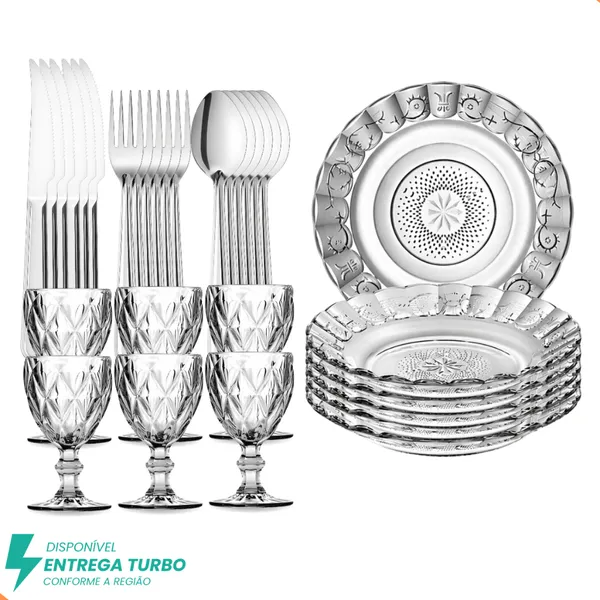 Aparelho De Jantar 30 Peças - 6 Pratos Fundos, 6 Taças 340ml e 18 Talheres Inox