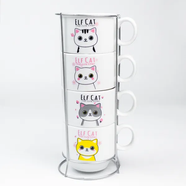 Kit 4 Xícaras Cerâmicas + 1 Suporte Torre de Metal 150ml - Pets/Gatinhos