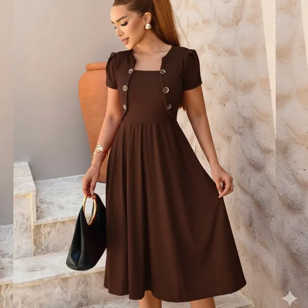 Vestido Feminino Midi Rodado Evangélico Detalhes de Botão Blazer Fake Casual Elegante Manga Bufante Malha Canelada