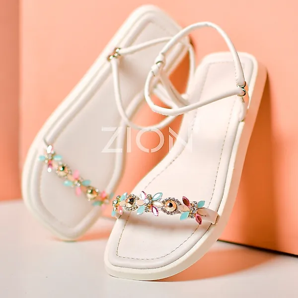 Sandália Papete Feminina Branca Flat Rasteirinha Pedraria Flor Strass Confortável Verão