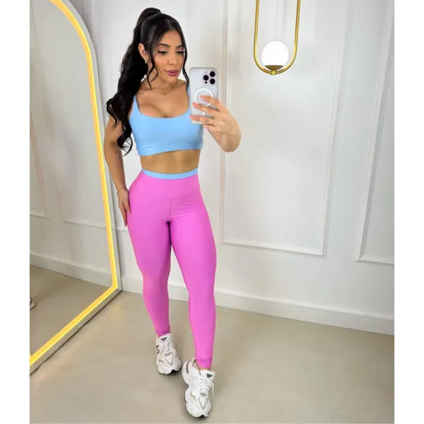 Conjunto Fitness Calça Legging e ​Top com Bojo Feminino Bicolor Academia Costura Reforçada Cós Alto