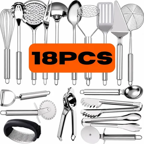 Kit Jogo 18 Talheres Utensílios De Aço 100% Inox Original Multiuso Para Sua Cozinha