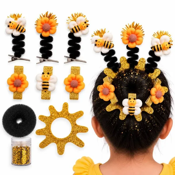 Kit Cabelo Maluco Infantil Abelha Para Coque Escolar Abelinhas Glitter Brilhoso