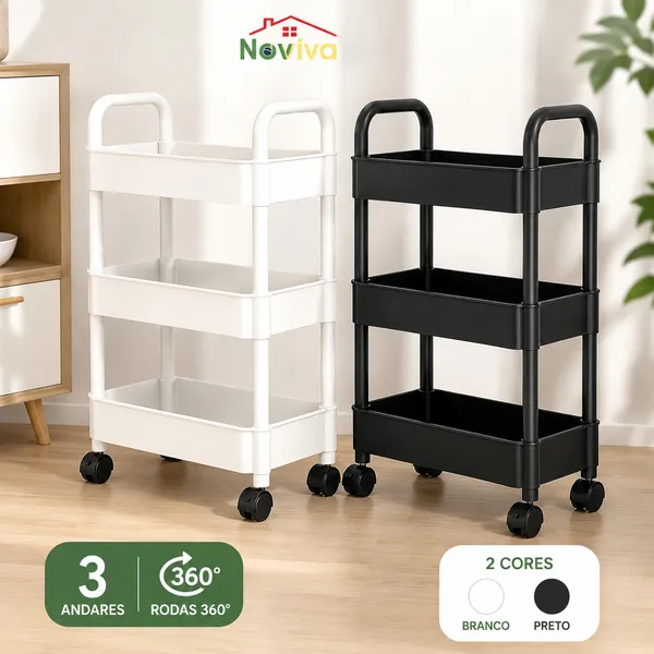 Carrinho Organizador 3 Andares com Rodas 360° | Multiuso PP Reforçado 40x30x76cm Preto ou Branco