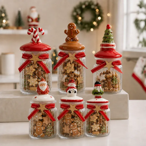 Potes de Vidro Natalinos 300mL - Porta Mini Biscoitos Porta Doces Bomboniere Decoração de Natal com Tampa Decorada