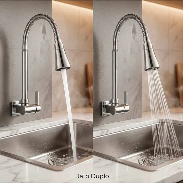 Torneira Gourmet Flexível Jato Duplo Cozinha Luxo Cromada Aço Inox Parede