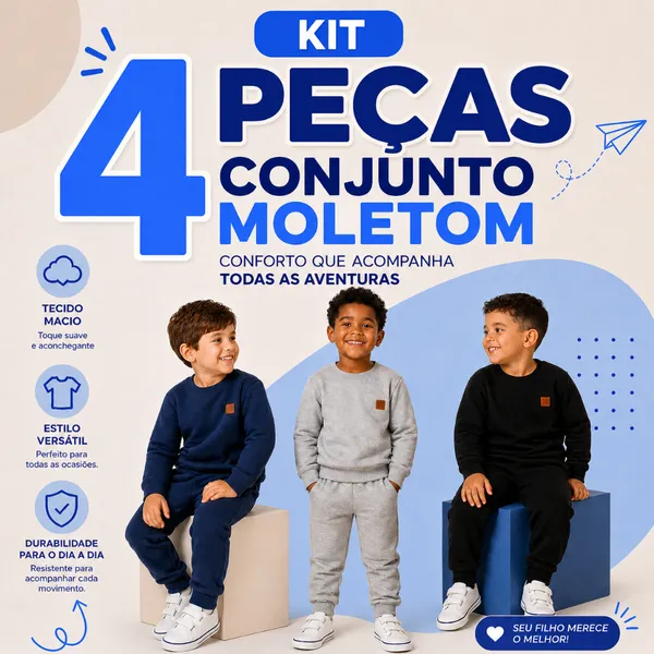Kit 4 Peças MOLETOM LISO MENINO Infantil Masculino Conjunto Inverno Roupa Casual Resistente Cores Sortidas