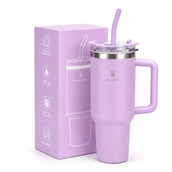 ROMANTIC CROWN Copo Térmico Inox Portátil 1200ml/600ml com Tampa e Canudo Garrafa Térmica Inoxidável