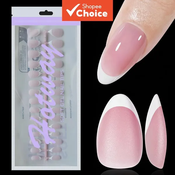 120 unhas postiças francesas rosa claro e nude claro, formato amêndoa, acrílico, curtas, 15 tamanhos, adequadas para