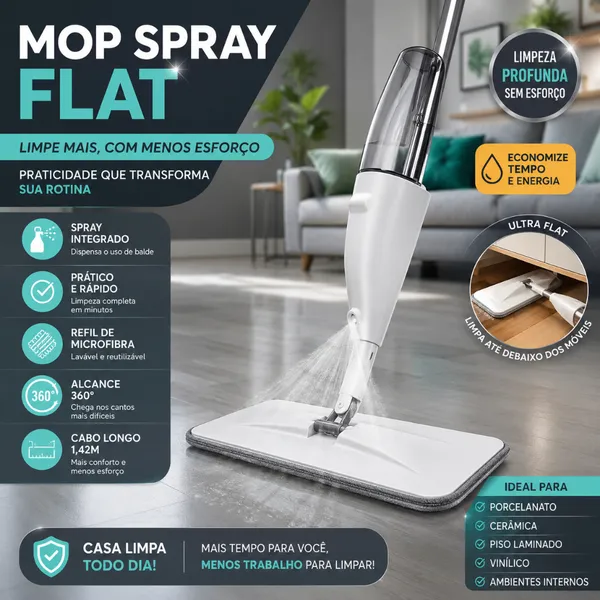 Mop Spray Cabo Longo 1,45m com Reservatório e Refil Microfibra Rodo Mágico Esfregão para Limpeza -CH