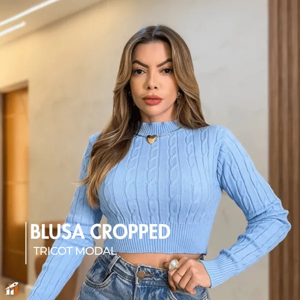 Blusa Cropped Feminino Manga Longa Tricot Modal Elegante