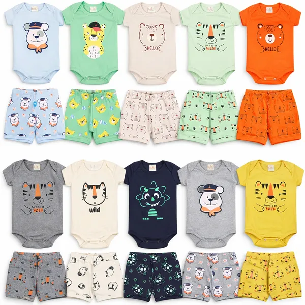 kit 10 peças body ( macaquinho , mijão) + shorts menino = 5 body + 5 shorts- roupa infantil Promoção